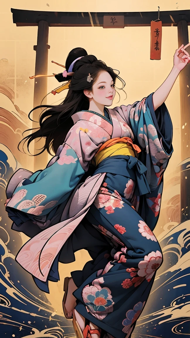 (SeaArt、I create amazing digital illustrations of beautiful women in kimonos)、Beautiful woman smiling and showing her upper white teeth、Vividly colored Ukiyo-e style illustrations、Brown-black long hair、Beautiful full body style、If you want to dance, Dance to the Tokyo Ondo, Good good、Beautiful new digital paintings,、 Bright and vibrant digital anime art、Beautiful anime portraits、Background、Torii gate of a Japanese shrine.、Detailed digital anime art、