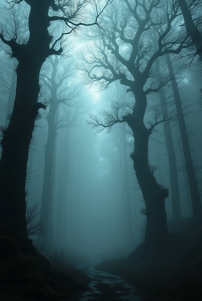 dark and gloomy foggy forest