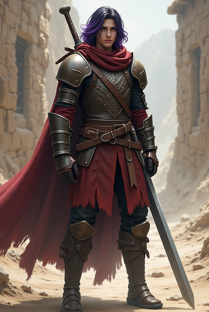 Tall in stature, Young adult mercenary, battle hardened leather armor, dusty ripped scarf, long cape, heavy greatsword, black hair with purple highlights, beautiful violet eyes