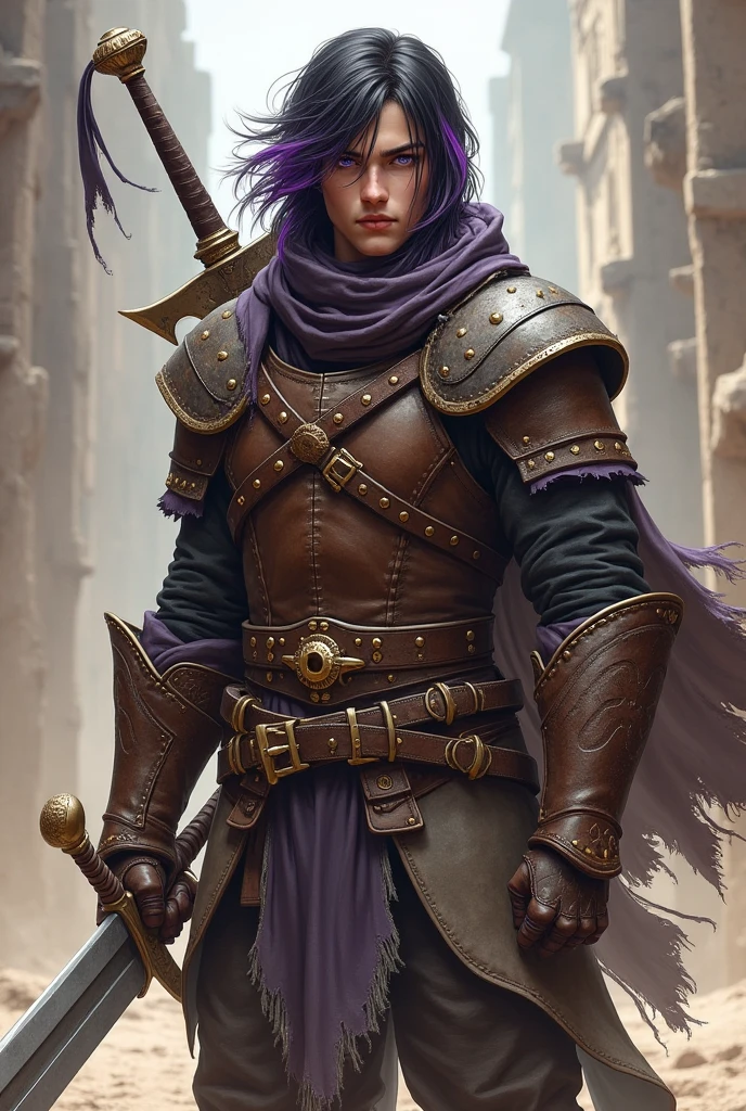 Tall in stature, Young adult mercenary, battle hardened leather armor, dusty ripped scarf, long cape, heavy greatsword, black hair with purple highlights, beautiful violet eyes