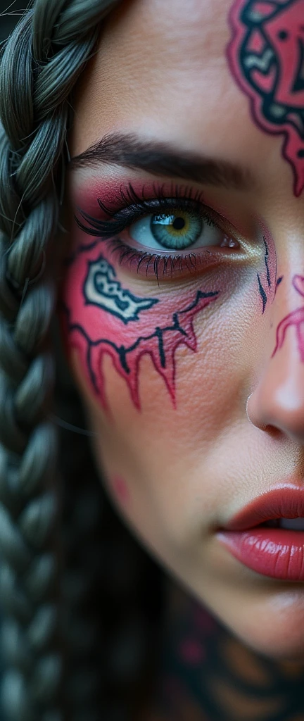 a close up of a woman with tattoos on her face, fractal punk, braid hair, matte painting portrait shot, beautiful female, pink fair skin, she is dressed in shaman clothes, cryptopunk, heavy makeup,