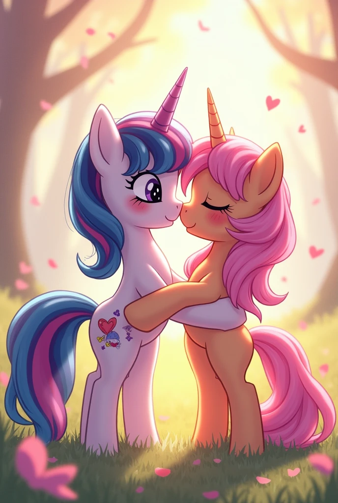 Male pony and female pony kissing in love, kawaii anime, more in love
