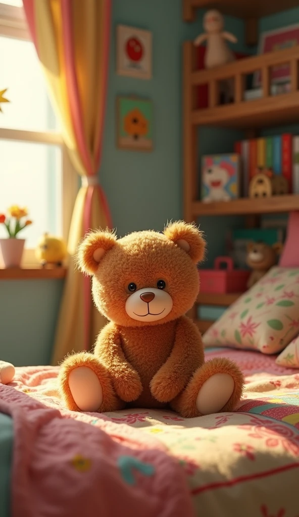 A teddy bear placed in a child's room.