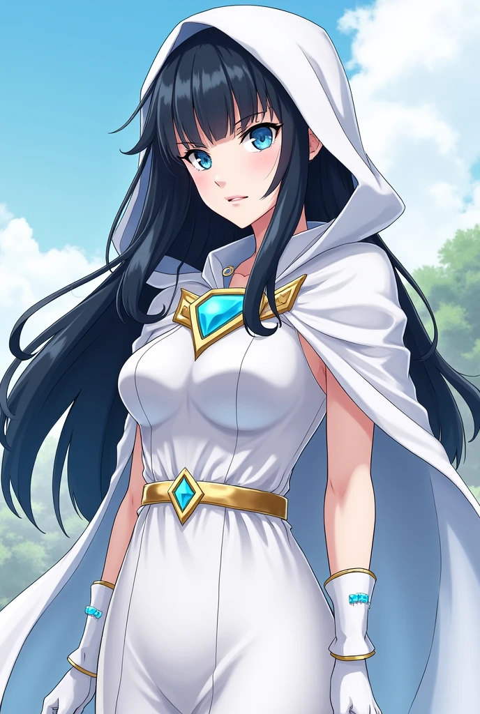 Create a my hero academy character with my hero academy drawing style that is a girl with white skin and straight jet black hair with wavy tips with blue eyes and with her hero costume with a white dress with a collar and a white hooded cape with silk fabric and a delicate gold belt with a light blue crystal heart in the center of the belt and white silk gloves with blue gems on the palms