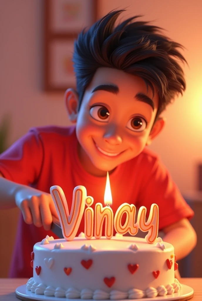Create a 3d image in which a teenager boy cutting cake wearing red color top with name “Vinay” is written clearly on the cake and 8 year candle burning on the cake