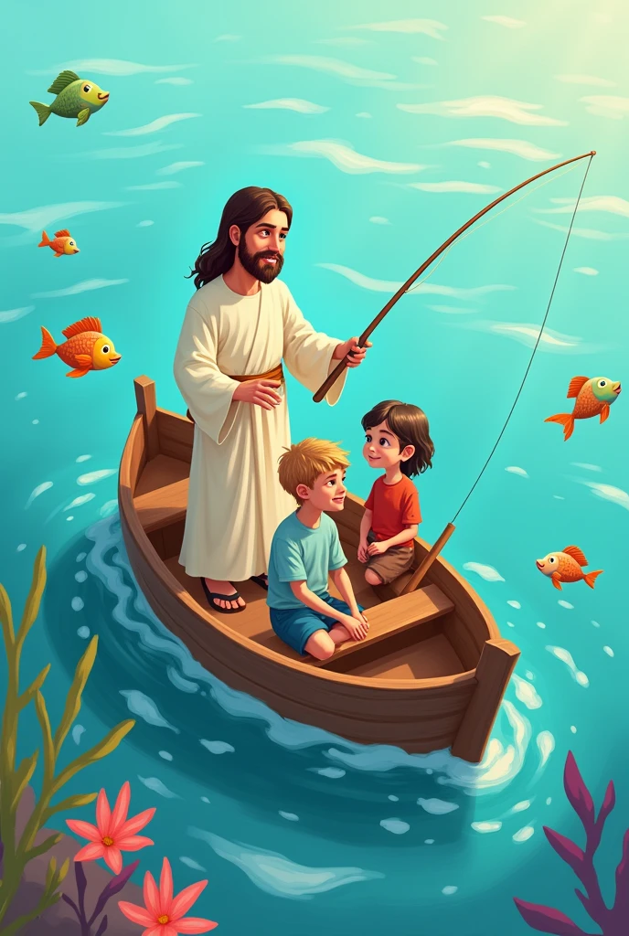 Cartoon of Jesus with a girl and a boy fishing in a boat and fish in the sea 