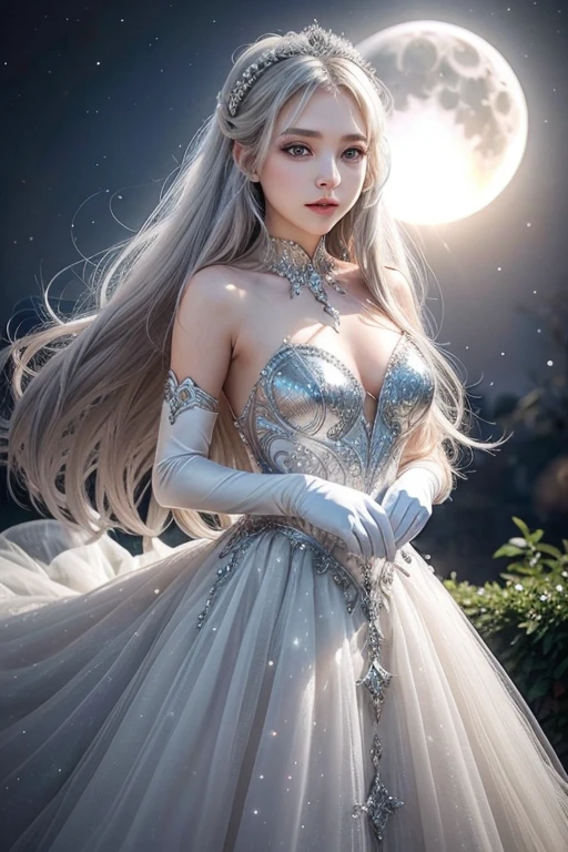 princess, long white hair, grey eyes, white dress with silver sparkles, tulle, longe gloves of tulle sparkles, tons of silver, sun moon eclipse
