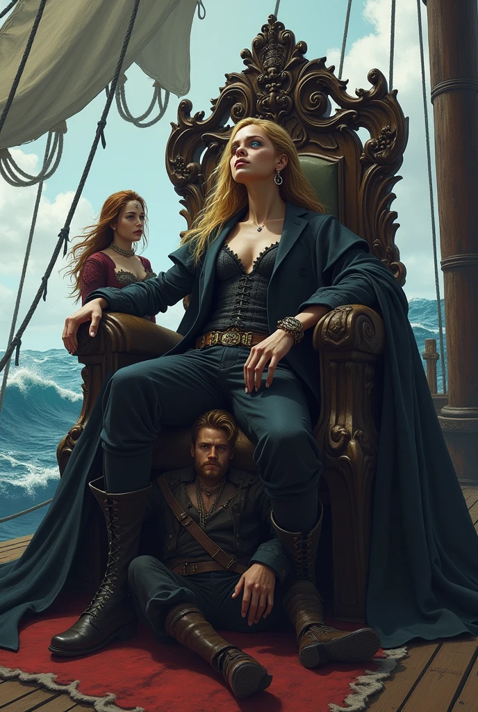 **Prompt:**
on the deck of a pirate ship, **Apocalypse** is sitting on an imposing throne, with her long golden waves falling over her shoulders, your unique eyes, one deep lilac and the other cyan blue, transmitting an unshakable force. She wears elegant clothes, but practices, that highlight their authority and noble origin. **Cyrus Voss Grimhart** is standing beside her, looking at her possessively, with a cold and controlled expression, his icy blue eyes fixed on her, Holding your hand. He has perfectly trimmed black hair. He wears dark, sophisticated clothes, transmitting power and dominance. **Vance Shadowbane** is man, is sitting at the feet of Apocalypse, looking at the horizon with a pensive expression, her auburn hair blowing in the wind. He wears rustic pirate clothes., and his positioning at her feet demonstrates both loyalty and a deep bond. The rough sea in the background, with the ship rocking, complete dinner, reflecting the complexity of emotions and relationships between them.