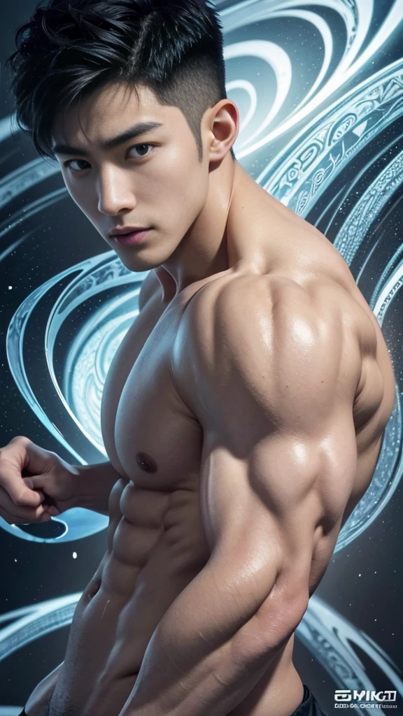 Mind control, hypnotic spiral, (masterpiece, ultra quality, high resolution, 8k, intricate: 1.2), (detailed face:1.2), handsome, Young Korean man, white skin, double eyelids, detailed skin, 1boy, ((realistic)), abs, good lighting quality, muscle veins, ((pale skin)), side view, lust face, (hypnotic), (viewer pop:1.3), full body shot,