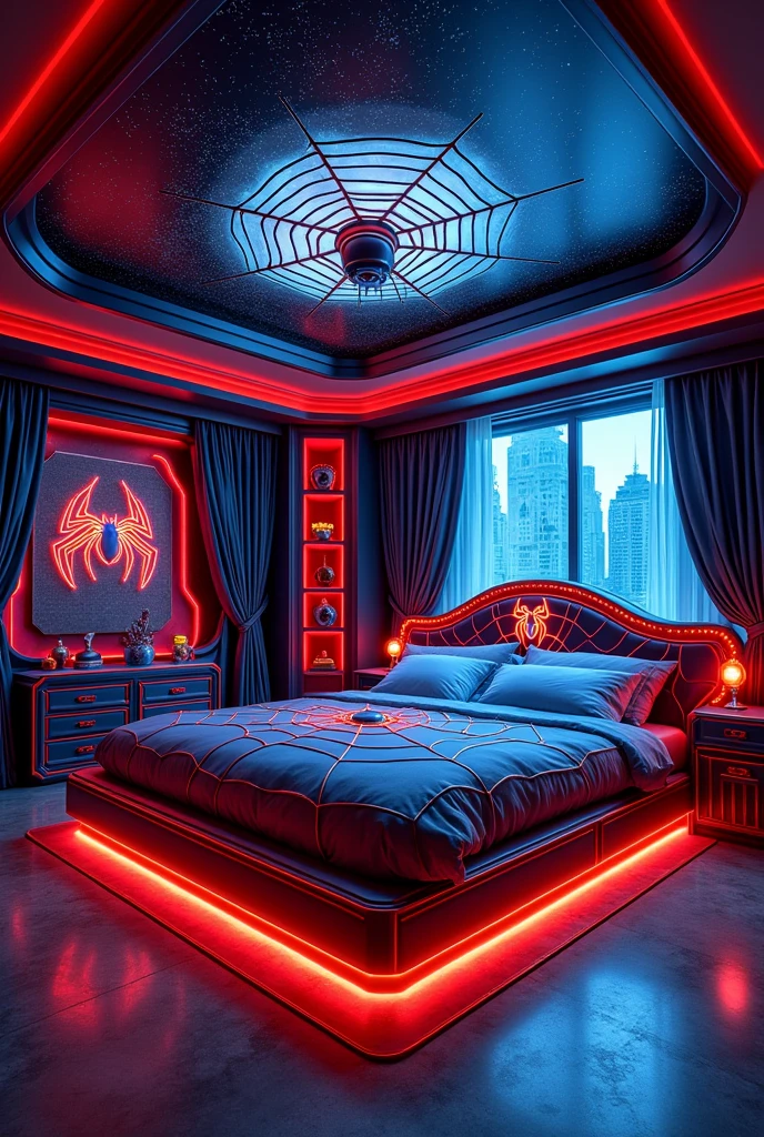 Imagine an incredible room with a bed inspired by Spiderman, make a dream room look like the character, imagine the dream room for a Spiderman fan