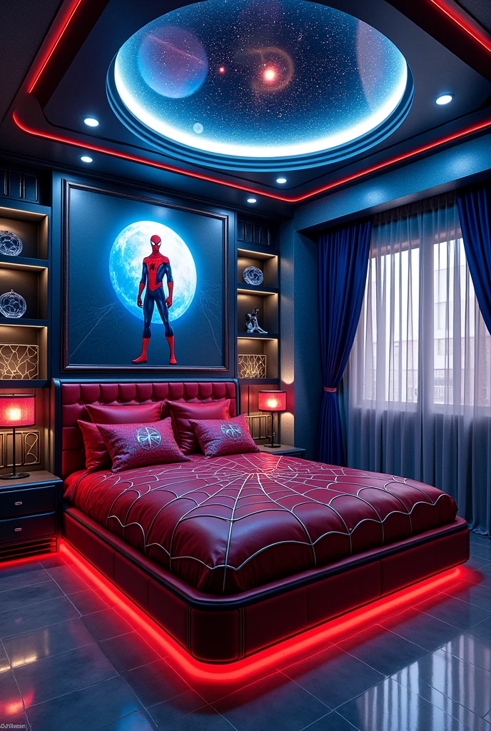 Imagine an incredible room with a bed inspired by Spiderman, make a dream room look like the character, imagine the dream room for a Spiderman fan