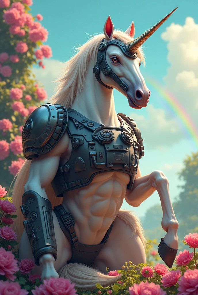 A unicorn with a helmet and vest and with modern war weapons that is on its side, Posing, with a rainbow background with flowers and rainbows