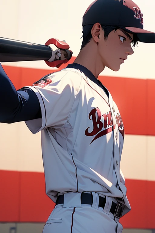 Highest quality,Ultra HD,Manga Style,A high school baseball player is standing wearing a baseball uniform, Height 179cm, Well-balanced, muscular build. He has black hair and wears a helmet,(The eyes are large but sharp.), Sharp jawline, fitted baseball uniform, Capped, (Standing with a bat),((Stadium background))