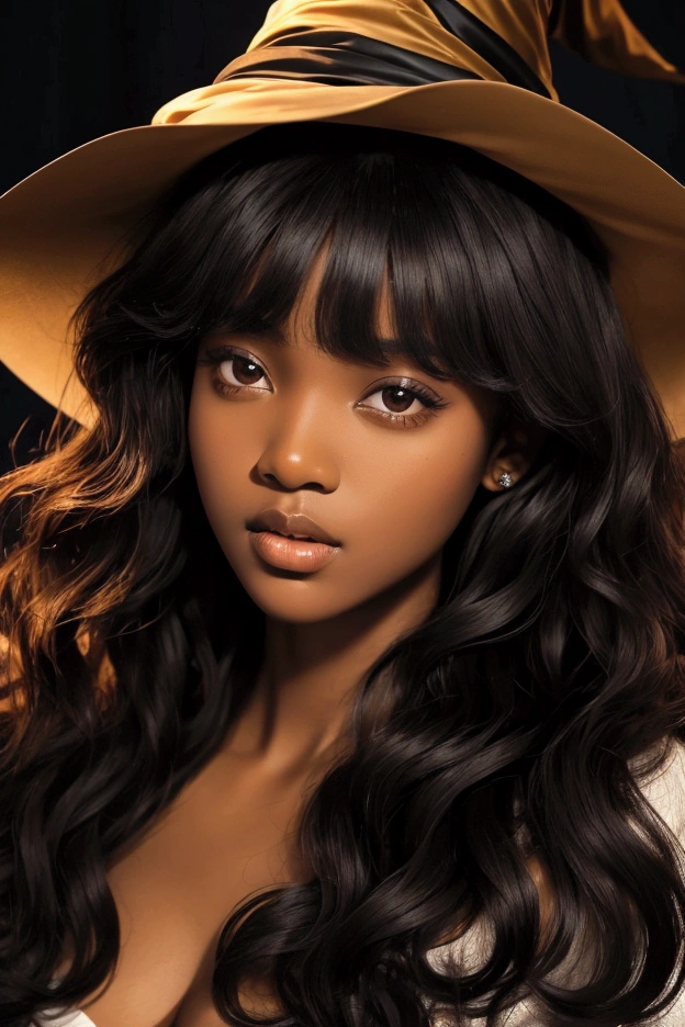 black woman with oval face, voluminous black curly hair with bangs, witch, poured brown