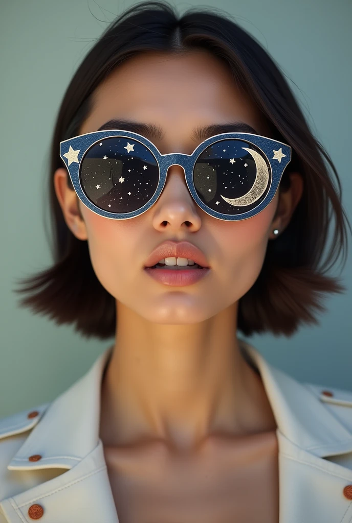 The model is wearing glass sunglasses with stars and the moon on the glass