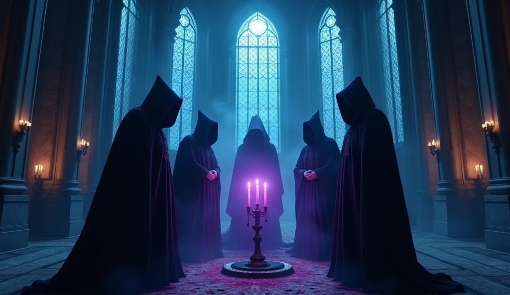 8k、 big blue moon ,zoom up(number々の賞を受賞したmasterpiece、Incredible detail、Texture、Maximum details),purple flame candle, (summoning magic),(The moonlight at night is beautiful), (Demon King's Castle),(dark organization)arafed image of a group of people in a church with candles,lit candle, dark cinematic concept art, elegant cinematic fantasy art, photorealistic dark concept art, by Beeple, dark robes, wojtek fus, gothic epic library concept, gothic epic library, epic cinematic concept art, dark concept art, Beeple and mike winkelmann, symmetrical epic fantasy art, High resolution, masterpiece, Highest quality, Intricate details, Very detailed, Clear focus, practical skin texture, texture, Shot with Canon, 85mm, Shallow and deep, Kodak Vision Color, Exactly, Very detailed, photograph_\(Extremist\), photographpractical, practical, Post-processing, Maximum details, Roughness, Real Life, Extremist practical, Photorealism, photographgraphy, 8K Ultra HD, photographgraphy