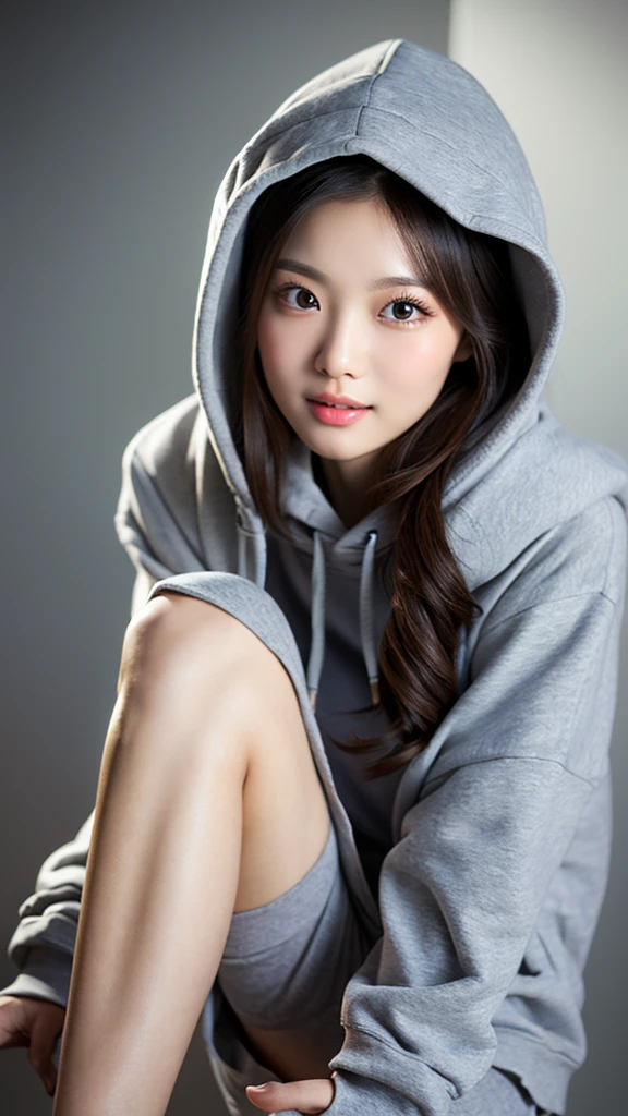 vivid,Breast enlargement,((between legs)),cute,(Detailed face),Hoodie,Ultra-high resolution,(Photorealistic:1.7),Gray background,Black long hair,