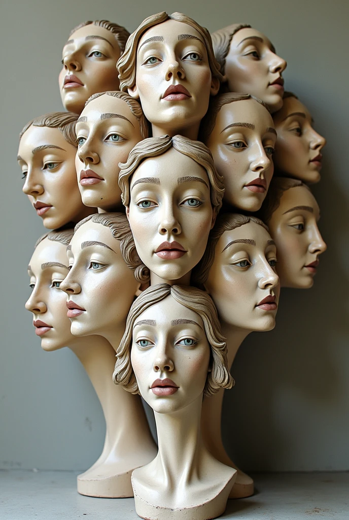 Expressionist artwork images of multiple floating ceramic heads of jewish women, 3d collage style, make it weird and gallery worthy
