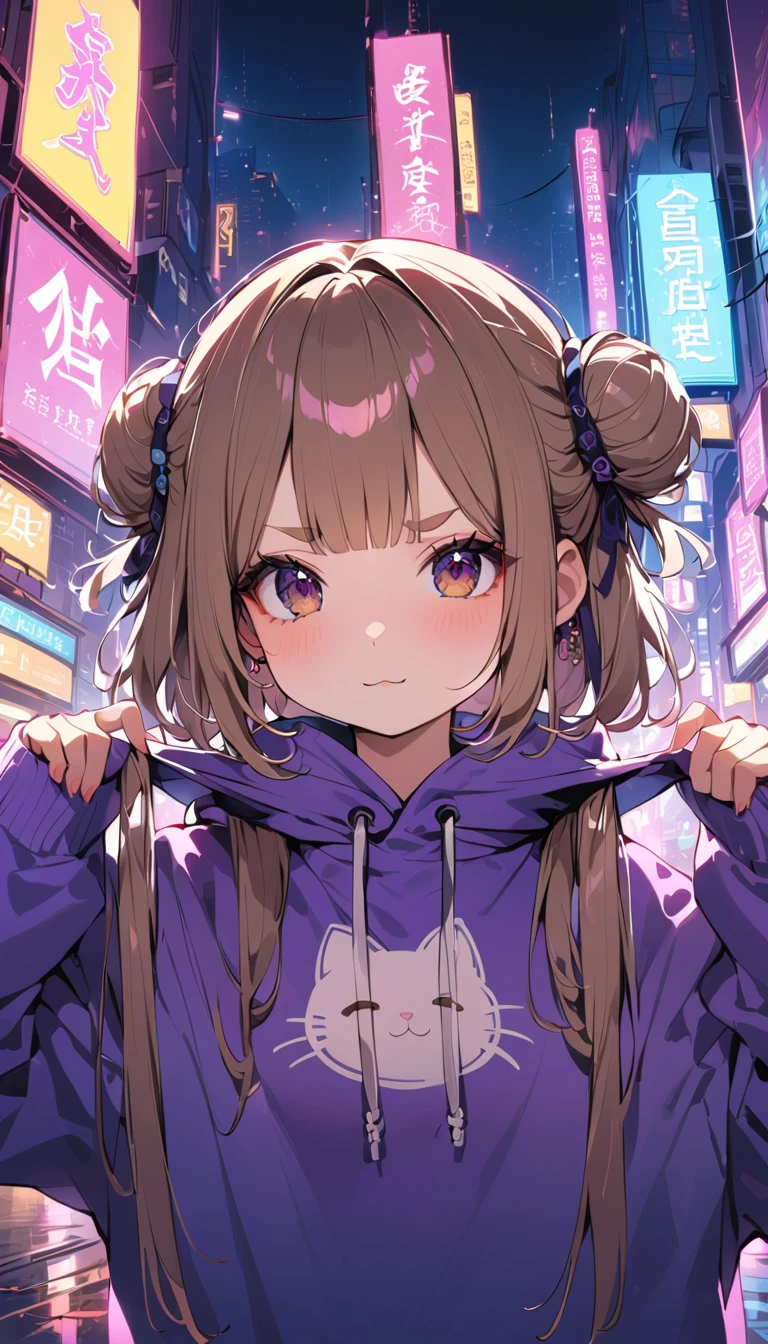 (((masterpiece, Highest quality, One person, alone))), (((two side bun hairstyle, a little lighter brown hair,Lift all the hair on the sides, Very short, round eyebrows:1.8, bangs, Beautiful Eyes, Droopy eyes:1.6, Black Eyes, Cat ear))), (smug face, :3 face, smug face, Close your mouth, Red round cheeks, Mouth ω) View your viewers, 1, (((Navy blue Chinese style hoodie, Purple hoodie strings), Dark blue long boots)), Small breasts, ((Upper Body, arms behind)), from the front, full moon, A city full of neon lights in China, Many faint particles of light on the entire screen,