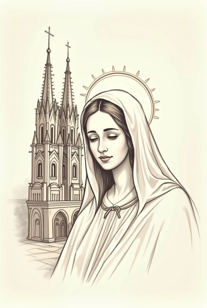 Simple image of Our Lady in drawing style with the church of Aparecida in the background