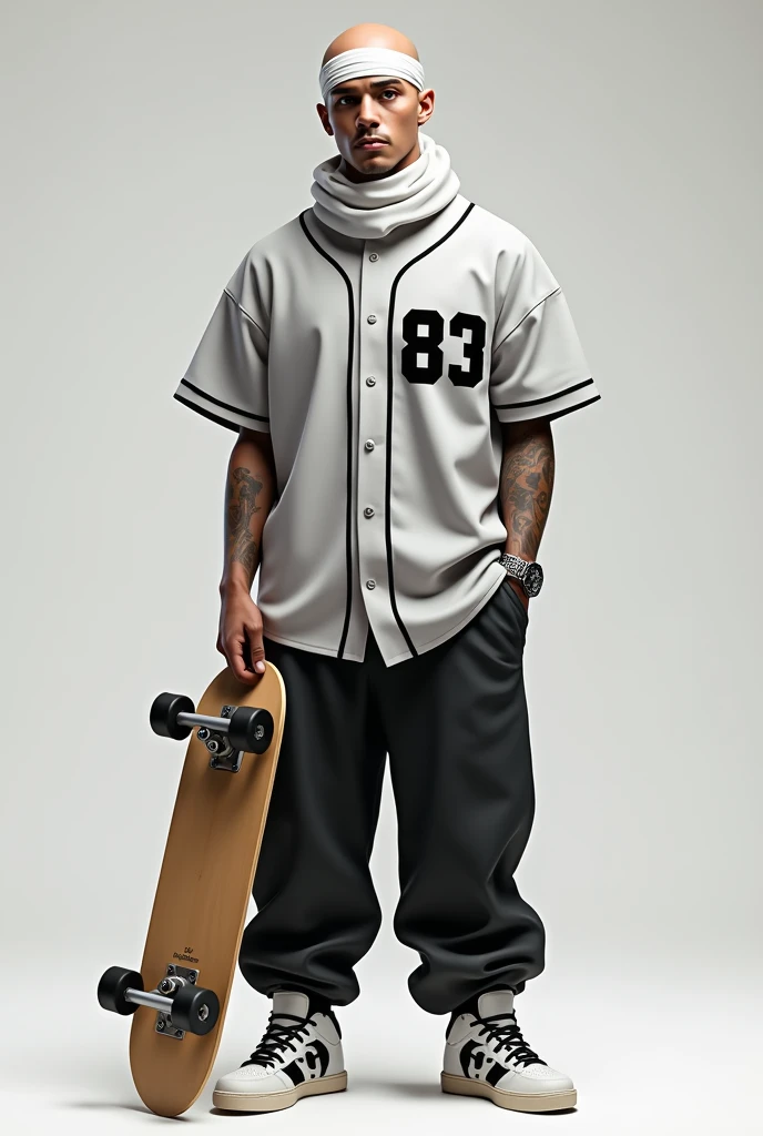 Make me a male person, with white (bald) brown eyes, dressed with a white scarf on the forehead of the head, a wide baseball shirt with the white number in the center "83" and that is in black, gray and white tones. also some wide baggy pants and white and black sneakers and a skateboard