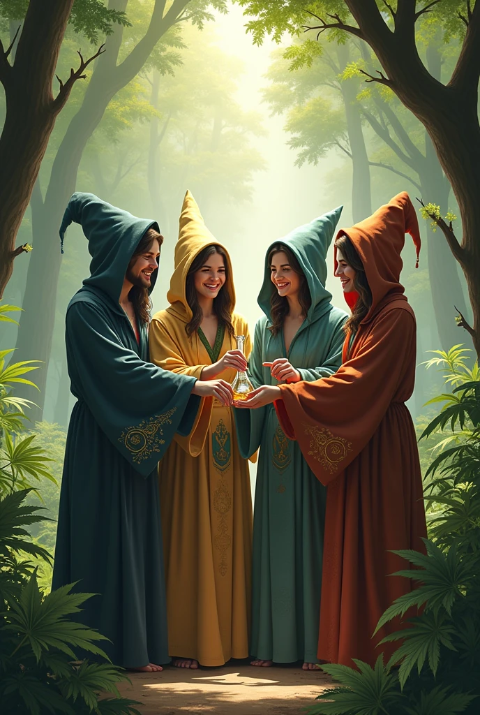 4 friends in wizard robes in the woods laughing with a bong