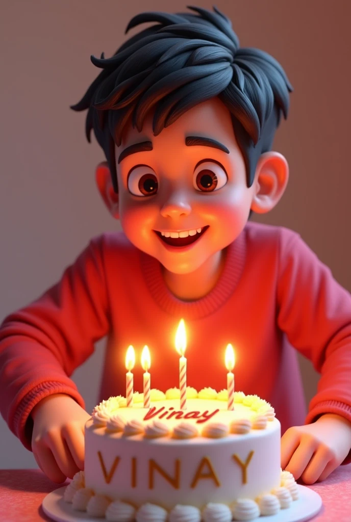 Create a 3d image in which a ager boy cutting cake wearing red color top with name “Vinay” is written clearly on the cake and 8 year candle burning on the cake