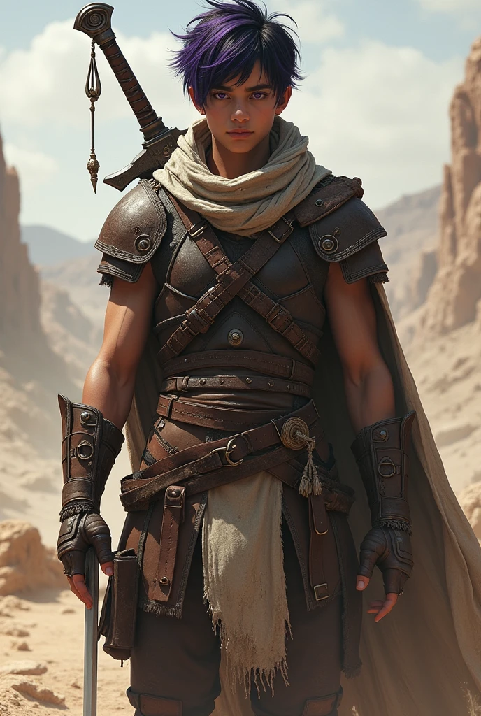 Tall in stature, Young adult mercenary, battle hardened leather armor, dusty ripped scarf, long cape, heavy greatsword, short black hair with purple highlights, beautiful violet eyes