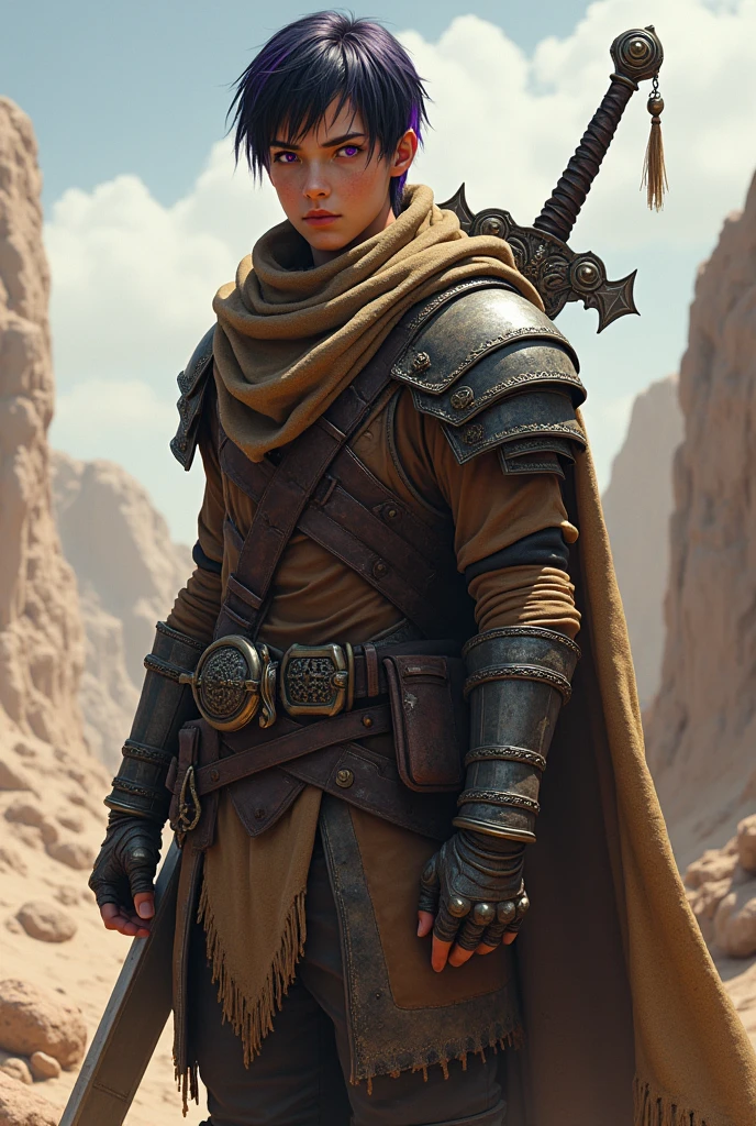 Tall in stature, adult mercenary, battle hardened leather armor, dusty ripped scarf, long cape, heavy greatsword, short black hair with purple highlights, beautiful violet eyes