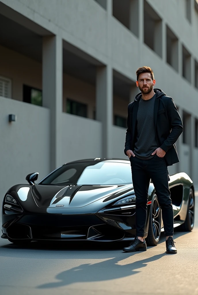 Messi with a black supercar