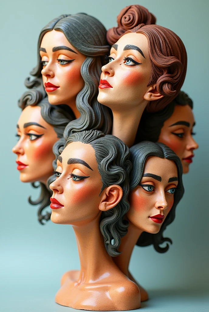 Expressionist artwork images of multiple floating ceramic heads of brazilian women, 3d collage style, make it weird and gallery worthy