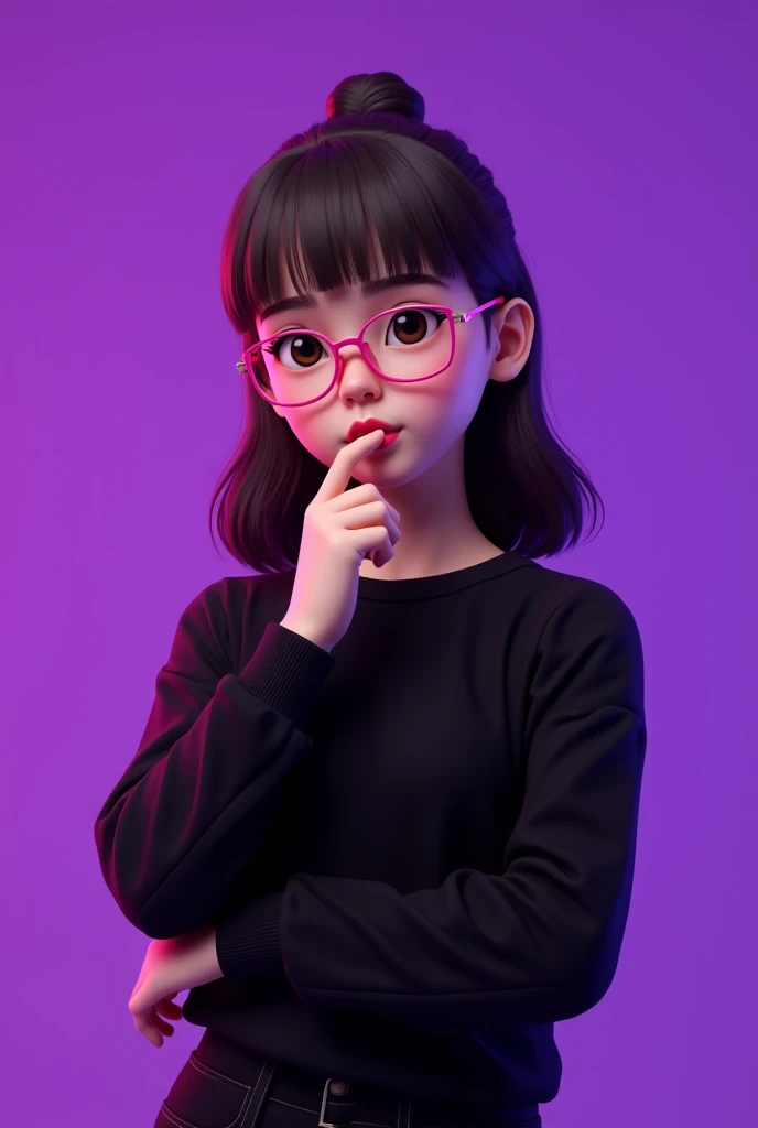 Young girl with pink, rectangular and thin glasses, medium-long, tied-up, dark brown hair, wearing a black sweater and black pants, in 3d style with purple background
