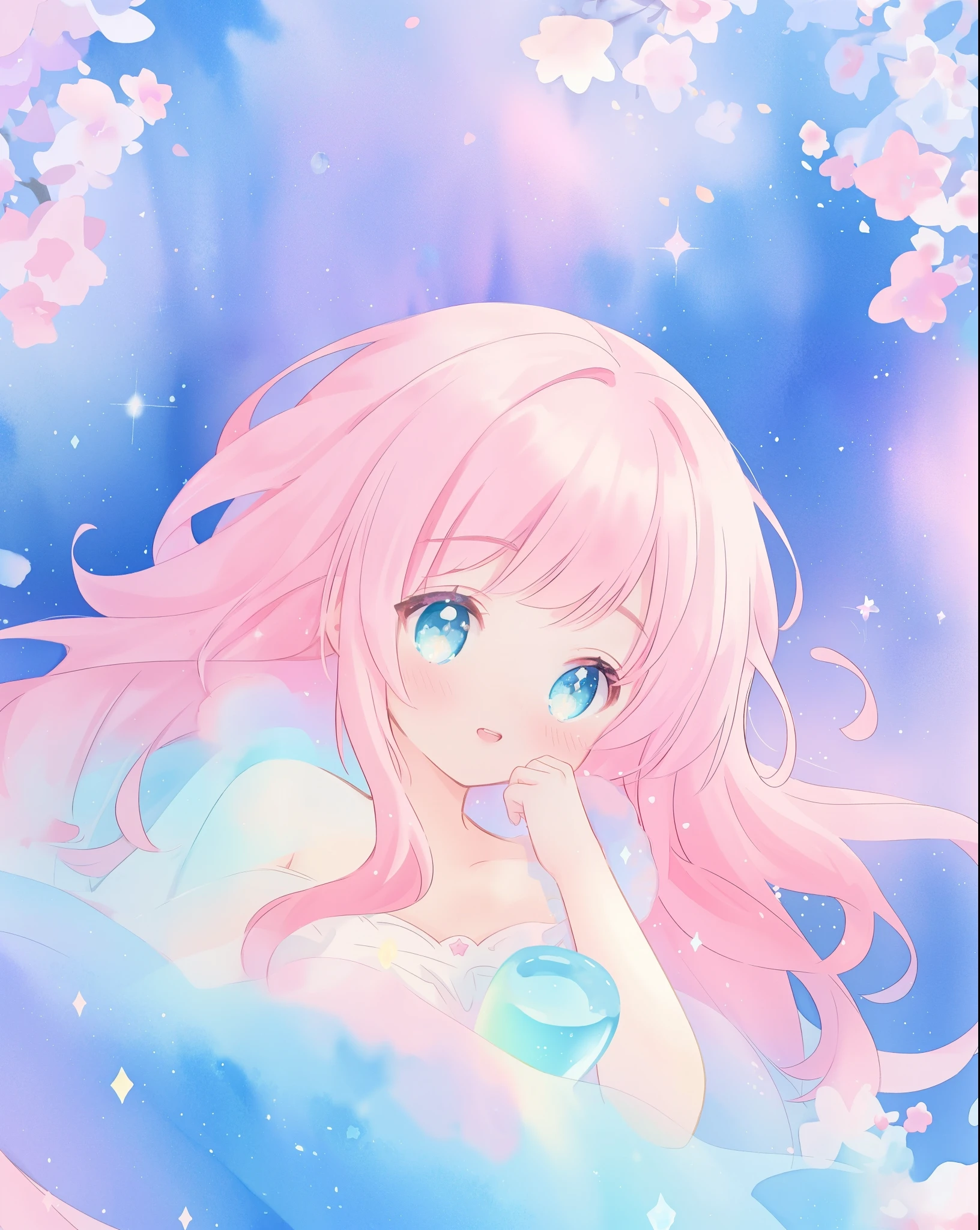 beautiful girl in sparkling gradient ballgown, long wavy peach pink hair, vibrant pastel colors, (colorful), colorful watercolor background, ethereal, magical lights, sparkling liquid light, disney art style, fantasia background, whimsical, fantasy, beautiful face, ((masterpiece, best quality)), intricate details, highly detailed, sharp focus, 8k resolution, liquid watercolor