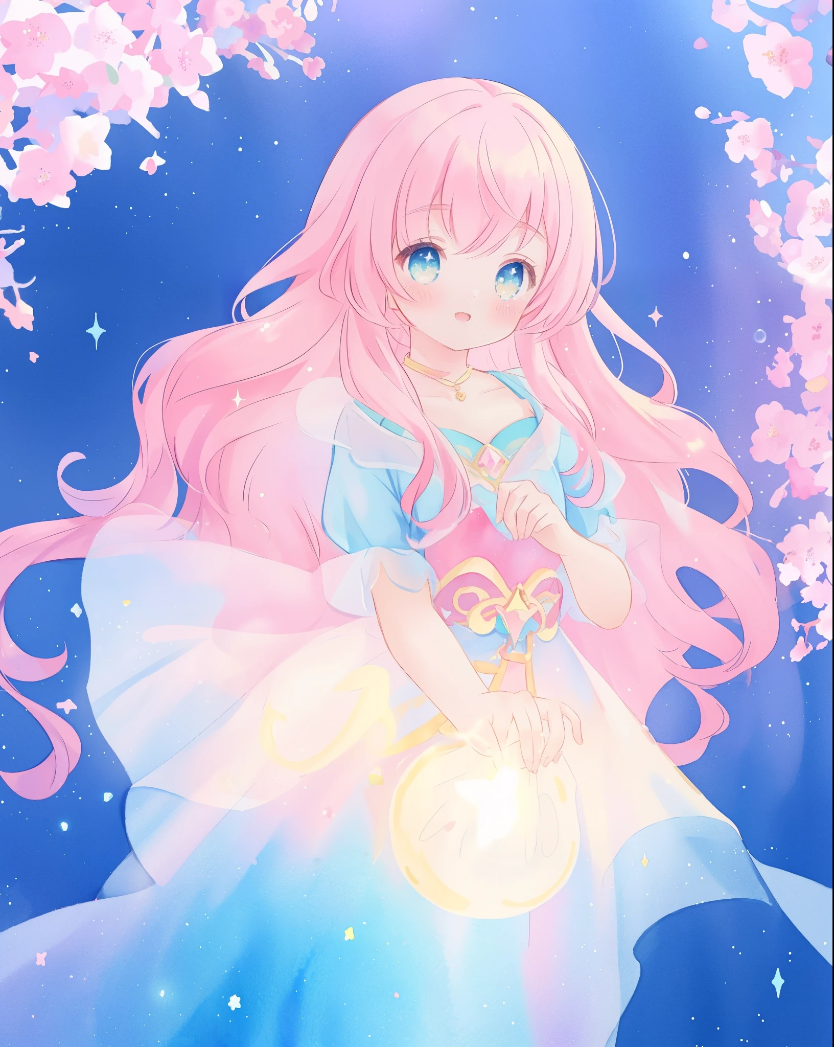 beautiful girl in sparkling gradient ballgown, long wavy peach pink hair, vibrant pastel colors, (colorful), colorful watercolor background, ethereal, magical lights, sparkling liquid light, disney art style, fantasia background, whimsical, fantasy, beautiful face, ((masterpiece, best quality)), intricate details, highly detailed, sharp focus, 8k resolution, liquid watercolor