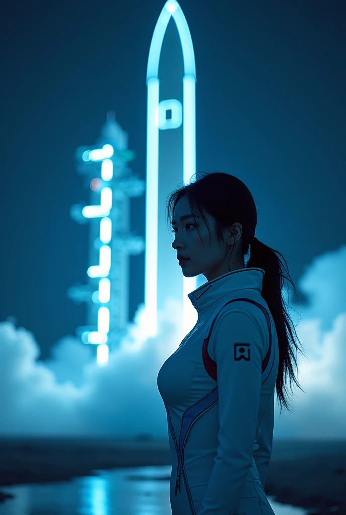 8k Beautiful Asian woman, dressed in futuristic suit, behind a launching space rocket, with blue and white neon lights, at night