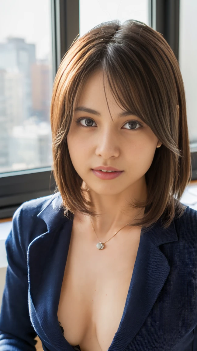 (top-quality, 16K, masterpiece:1.3), (ultra detailed), (masterpiece), (best quality), Highest quality, Realistic, Surreal, Highest quality, Extremely detailed CG, Very delicate, 16K wallpaper, High resolution, A woman in a management position at a prestigious company, (38歳), ((Silky hair:1.2)), (beautiful short hair:1.2), BREAK ((upper body:1.5)), ((look into the viewer's eyes:1.5)), ((looking at viewer:1.5)), ((Front view:1.5)), ((from front:1.5)), BREAK cute girl, short girl, short arms, ((small eyes)), fleeting atmosphere, ((thin eyebrows:1.2)), ((thin lips:1.5)), ((orgasm:1.5)), ((ecstasy:1.5)), ((mole under eye:1.2)), BREAK ((small breast)), (((little girl's body:1.5))), (((petite body:1.5))), pretty girl, ((UNTITLED business suit:1.2)), ((Very simple necklace)), With a large window Japanese office, ((Working at desk:1.5)), Japanese, slender body, very detailed, detailed fingers, detailed hands, detailed eyes, detailed legs, accurate and perfect human anatomy, real human skin,