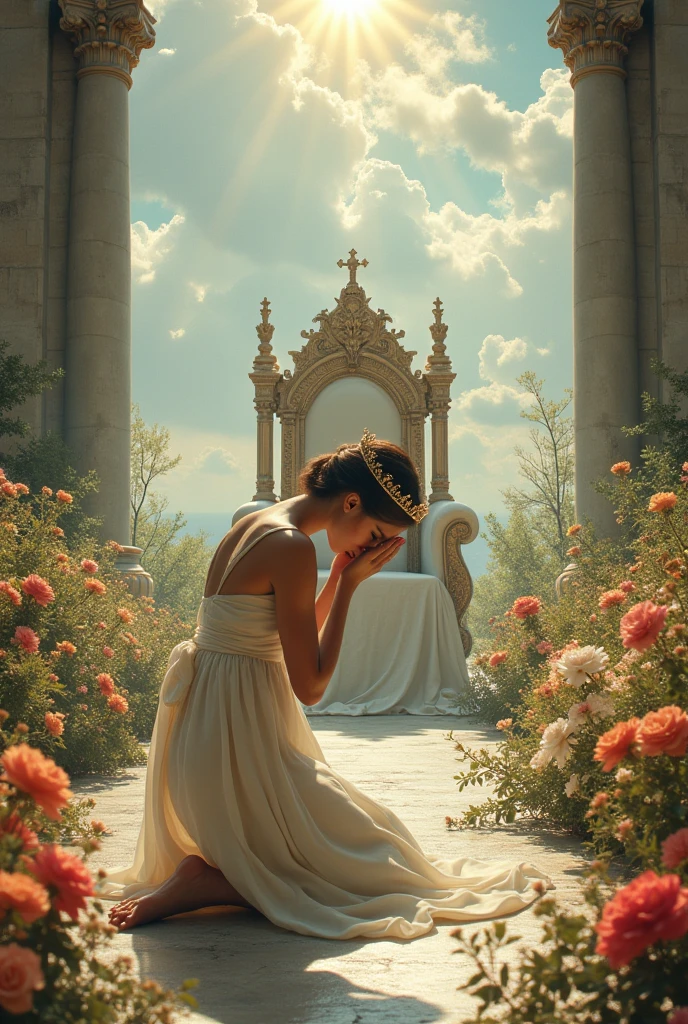 A woman dressed in pure linen and with a crown on her head, on his knees with his head bowed before the throne of God, around the throne there is a beautiful flower garden, and above is the sky