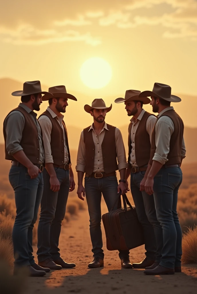 4 handsome cowboy men say goodbye to a young friend who is going on a trip