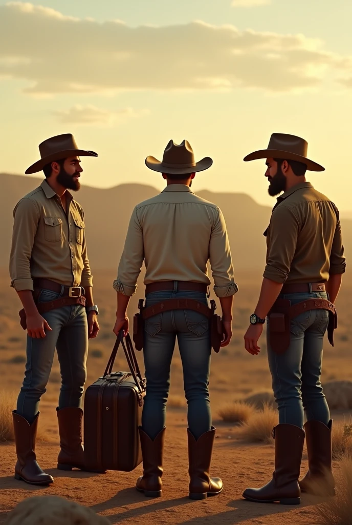 4 handsome cowboy men say goodbye to a young friend who is going on a trip