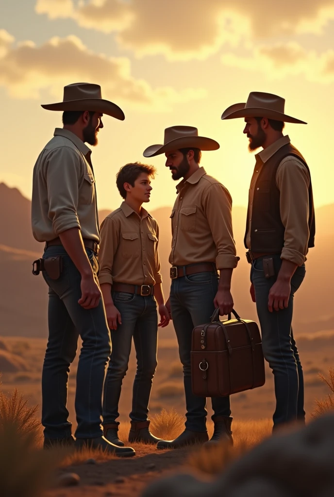 4 handsome cowboy men say goodbye to a young friend who is going on a trip