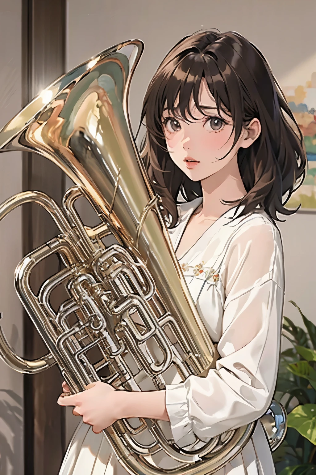 (masterpiece, Highest quality:1.2), (One Girl), I have a euphonium, alone, (Draw the Euphonium Shape Accurately:1.4)、Standing、(From the left diagonal front)、Anime Art、4K、8k、wallpaper、