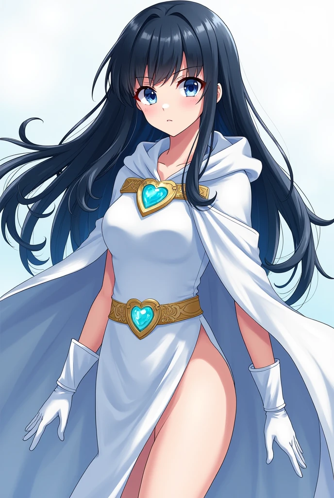 Create a my hero academy character with my hero academy drawing style that is a girl with white skin and straight jet black hair with wavy tips with blue eyes and with her hero costume with a white dress with a collar and a white hooded cape with silk fabric and a delicate gold belt with a light blue crystal heart in the center of the belt and white silk gloves with blue gems on the palms
