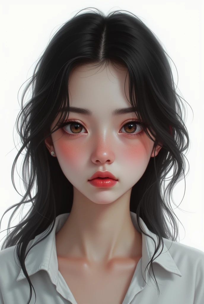 Create a teenage girl with a sarcastic or suspenseful expression. white background.