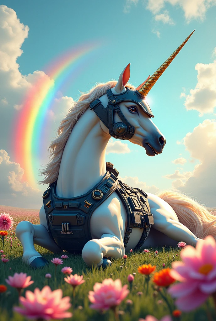 A unicorn with a helmet and vest and with modern war weapons that is on its side, posing somewhat far away, with a rainbow background with flowers and rainbows