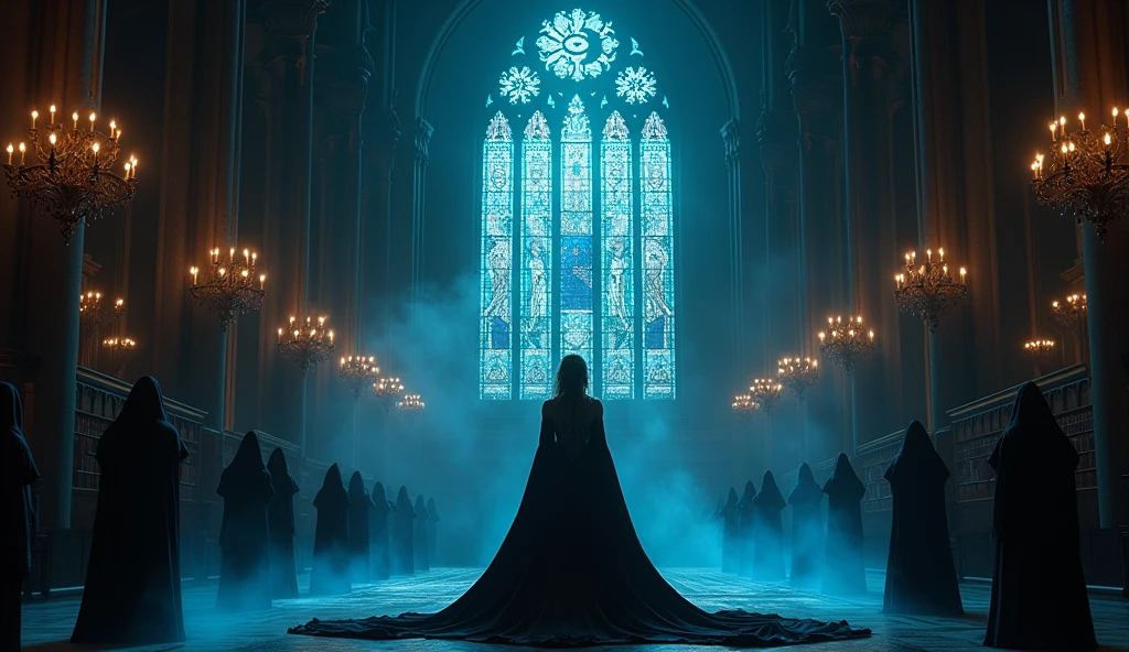 8k、 big dark moon , Glamorous woman ,zoom up, large stained glass(number々の賞を受賞したmasterpiece、Incredible detail、Texture、Maximum details),blue flame candle, (summoning magic),(The moonlight at night is beautiful), (Demon King's Castle),(dark organization)arafed image of a group of people in a church with candles,lit candle, dark cinematic concept art, elegant cinematic fantasy art, photorealistic dark concept art, by Beeple, dark robes, wojtek fus, gothic epic library concept, gothic epic library, epic cinematic concept art, dark concept art, Beeple and mike winkelmann, symmetrical epic fantasy art, High resolution, masterpiece, Highest quality, Intricate details, Very detailed, Clear focus, practical skin texture, texture, Shot with Canon, 85mm, Shallow and deep, Kodak Vision Color, Exactly, Very detailed, photograph_\(Extremist\), photographpractical, practical, Post-processing, Maximum details, Roughness, Real Life, Extremist practical, Photorealism, photographgraphy, 8K Ultra HD, photographgraphy
