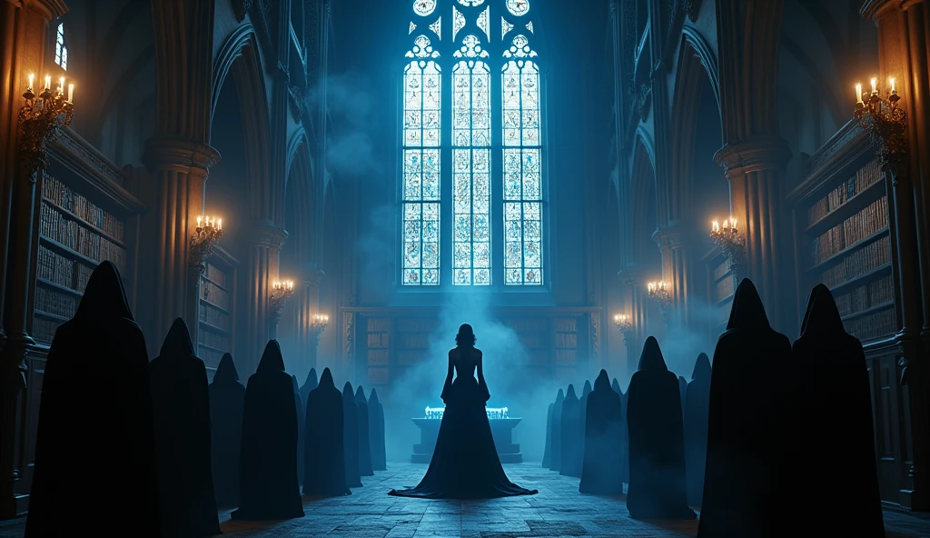 8k、 big dark moon , Glamorous woman ,zoom up, large stained glass(number々の賞を受賞したmasterpiece、Incredible detail、Texture、Maximum details),blue flame candle, (summoning magic),(The moonlight at night is beautiful), (Demon King's Castle),(dark organization)arafed image of a group of people in a church with candles,lit candle, dark cinematic concept art, elegant cinematic fantasy art, photorealistic dark concept art, by Beeple, dark robes, wojtek fus, gothic epic library concept, gothic epic library, epic cinematic concept art, dark concept art, Beeple and mike winkelmann, symmetrical epic fantasy art, High resolution, masterpiece, Highest quality, Intricate details, Very detailed, Clear focus, practical skin texture, texture, Shot with Canon, 85mm, Shallow and deep, Kodak Vision Color, Exactly, Very detailed, photograph_\(Extremist\), photographpractical, practical, Post-processing, Maximum details, Roughness, Real Life, Extremist practical, Photorealism, photographgraphy, 8K Ultra HD, photographgraphy