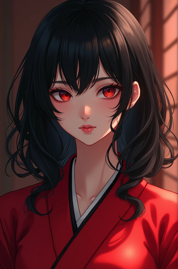 A female domon slayer oc with shoulder length wavy hair with jet black bangs, one dark brown eye another dark red, a mole on the upper part of the eye, the middle lips thick, and a red kimono 