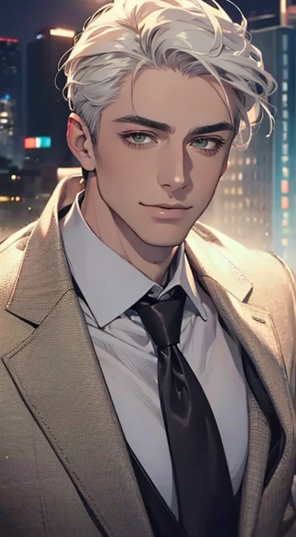 (Highest quality,4K,8K,High resolution,masterpiece:1.2),Super detailed,(Realistic,photoRealistic,photo-Realistic:1.37),1 personld,Mature Men,Beautiful skin、very handsome,Expressionless smile in love,Short white hair,green eyes,Sharp Eyes,A perfect face without a doubt,Businessman, CEO, Office Background,Cinema Lighting,HDR image,tie、