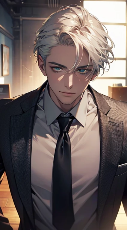 (Highest quality,4K,8K,High resolution,masterpiece:1.2),Super detailed,(Realistic,photoRealistic,photo-Realistic:1.37),1 personld,Mature Men,Beautiful skin、very handsome,Expressionless smile in love,Short white hair,green eyes,Sharp Eyes,A perfect face without a doubt,Businessman, CEO, Office Background,Cinema Lighting,HDR image,tie、