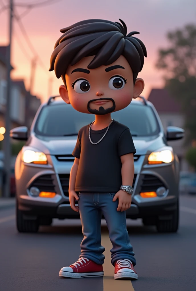 2013 gray Ford Kuga with a young boy wearing a black short-sleeved t-shirt and jeans. He also wears a thin silver chain and a silver bracelet on one hand and nothing on the other with medium-sized eyes without a beard but with a small mustache and a slight goatee on a road at dusk, all done in funko pop style so that the entire car can be seen